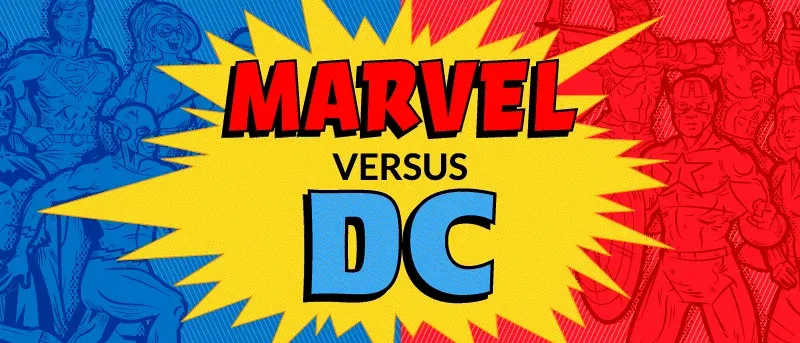 A comic-style graphic reading "MARVEL VERSUS DC," with DC characters on a blue background and Marvel characters on a red background.